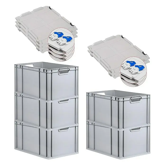Proregal Euroboxen-Set 5x Eurobox NextGen Economy mit Scharnierdeckel und blauen Verschlüssen - L x B x H: 60 x 40 x 32 cm, Kunststoff, Grau, 5 Stk. - Bild von stapelbaren, grauen Lagerkisten mit passenden Deckeln, ideal für Ordnung und Lagerung.