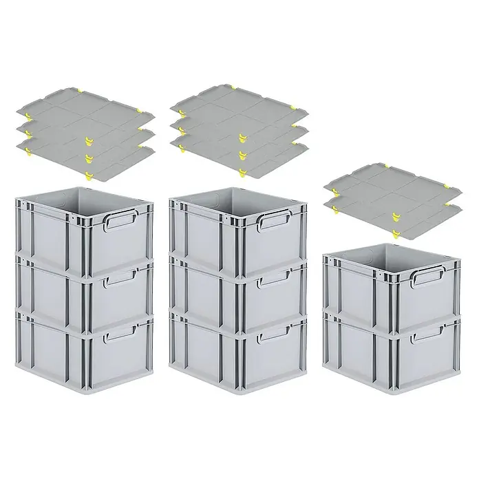 Proregal Euroboxen-Set 8x Eurobox NextGen Grip mit Auflagedeckel inkl. 4 gelben Verschlüssen - L x B x H: 40 x 30 x 22 cm, Kunststoff, Grau, 8 Stk. - Graue Kunststoffboxen mit dazugehörigen Deckeln, ideal für Lagerung und Transport.