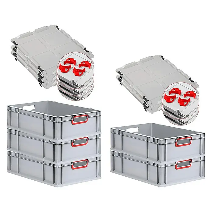 Proregal Euroboxen-Set 5x Eurobox NextGen Color mit Auflagedeckel und Schiebeschnappverschlüsse - L x B x H: 60 x 40 x 17 cm, Kunststoff, Grau, Rot, 5 Stk. - Stapelbare Eurobehälter und Deckel mit roten Befestigungsclips, ideal für Lagerung und Transport.