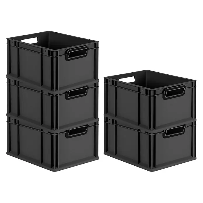 Proregal Euroboxen-Set 5x Eurobox NextGen Color - L x B x H: 40 x 30 x 22 cm, Kunststoff, Schwarz, Schwarz, 5 Stk. - Das Bild zeigt zwei Stapel grauer Kunststoffbehälter. Der größere Stapel besteht aus drei Behältern, der kleinere aus zwei.