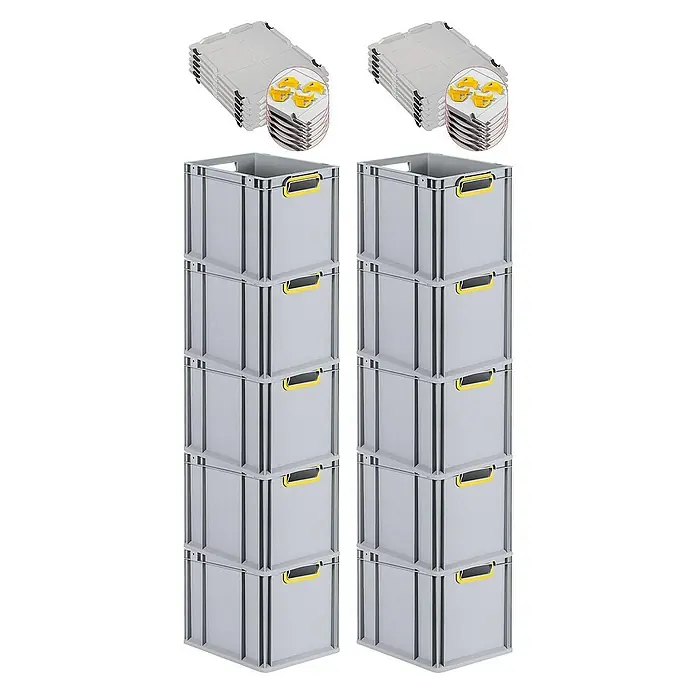 Proregal Euroboxen-Set 10x Eurobox NextGen Color mit Auflagedeckel und Schiebeschnappverschlüsse - L x B x H: 40 x 30 x 32 cm, Kunststoff, Grau, Gelb, 10 Stk. - Bild von zwei Stapeln grauer Eurobehälter mit gelben Griffen, die übereinander gestapelt sind, und zwei Stapeln dazu passender Deckel.