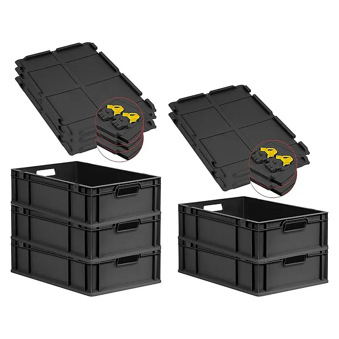 Proregal Euroboxen-Set 5x Eurobox NextGen Grip mit Scharnierdeckel und gelben Verschlüssen - L x B x H: 60 x 40 x 17 cm, Kunststoff, Schwarz, 5 Stk. - Abgebildete schwarze Klappboxen, sowohl gestapelt als auch flach zusammengelegt, ideal für Lagerung und Transport.