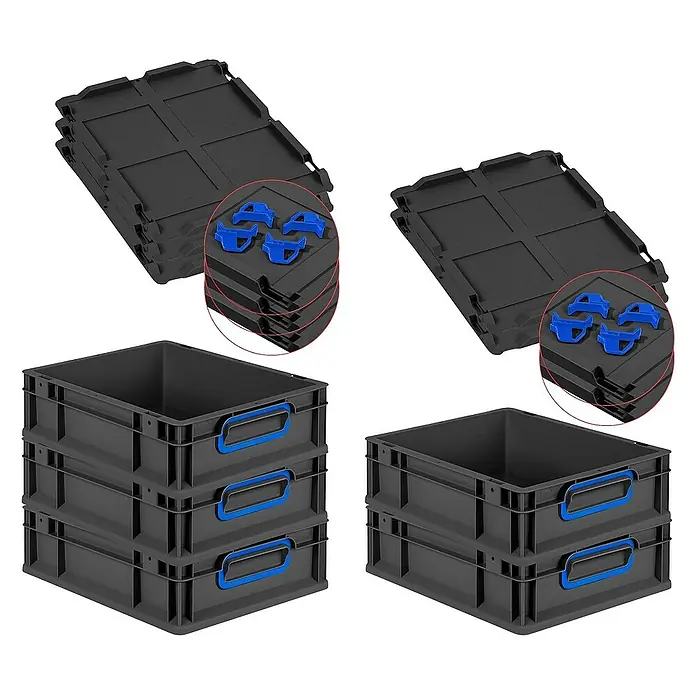 Proregal Euroboxen-Set 5x Eurobox NextGen Color mit Auflagedeckel und Schiebeschnappverschlüsse - L x B x H: 40 x 30 x 12 cm, Kunststoff, Schwarz, Blau, 5 Stk. - Das Bild zeigt graue Stapelboxen mit blauen Griffen und graue Deckel, die ordentlich gestapelt sind. Praktische Aufbewahrungslösung.