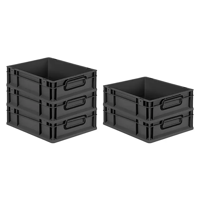 Proregal Euroboxen-Set 5x Eurobox NextGen Color - L x B x H: 40 x 30 x 12 cm, Kunststoff, Schwarz, Schwarz, 5 Stk. - Graue Kunststoffboxen, in zwei Stapeln angeordnet, bieten praktische Aufbewahrungslösungen. Ideal für Ordnung in Werkstatt oder Lager.