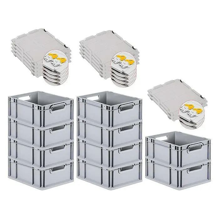 Proregal Euroboxen-Set 10x Eurobox NextGen Economy mit Scharnierdeckel und gelben Verschlüssen - L x B x H: 40 x 30 x 17 cm, Kunststoff, Grau, 10 Stk. - Bild von grauen Kunststoffboxen und Deckeln.