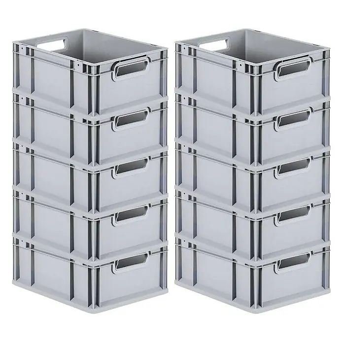 Proregal Euroboxen-Set 10x Eurobox NextGen Economy mit Scharnierdeckel und gelben Verschlüssen - L x B x H: 40 x 30 x 17 cm, Kunststoff, Grau, 10 Stk. - Zwei Stapel grauer Eurobehälter mit Griffen. Die Behälter sind modular und ideal für Lagerung und Transport.