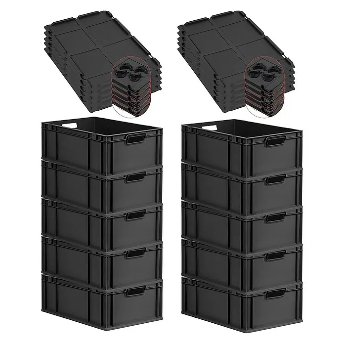 SparSet 10x Eurobox NextGen Grip mit Auflagedeckel inkl. 4 schwarzen Schiebeschnappverschlüssen | HxBxT 22x40x60cm | 44 Liter | Schwarz | Griffe offen | Verstärkter Boden | Eurobehälter, Transportbox, Transportbehälter, Stapelbehälter -  - Bild von stapelbaren schwarzen Kunststoffboxen und passenden Deckeln für Lagerung und Organisation.