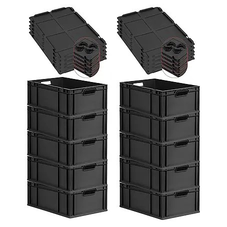 SparSet 10x Eurobox NextGen Grip mit Auflagedeckel inkl. 4 schwarzen Schiebeschnappverschlüssen | HxBxT 22x40x60cm | 44 Liter | Schwarz | Griffe offen | Verstärkter Boden | Eurobehälter, Transportbox, Transportbehälter, Stapelbehälter