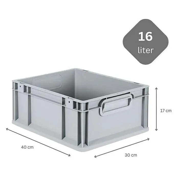 Proregal Euroboxen-Set 10x Eurobox NextGen Economy mit Scharnierdeckel und roten Verschlüssen - Kunststoff, Grau, 10 Stk. - Abbildung einer grauen 16-Liter-Kunststoffbox mit den Maßen 40 cm x 30 cm x 17 cm.