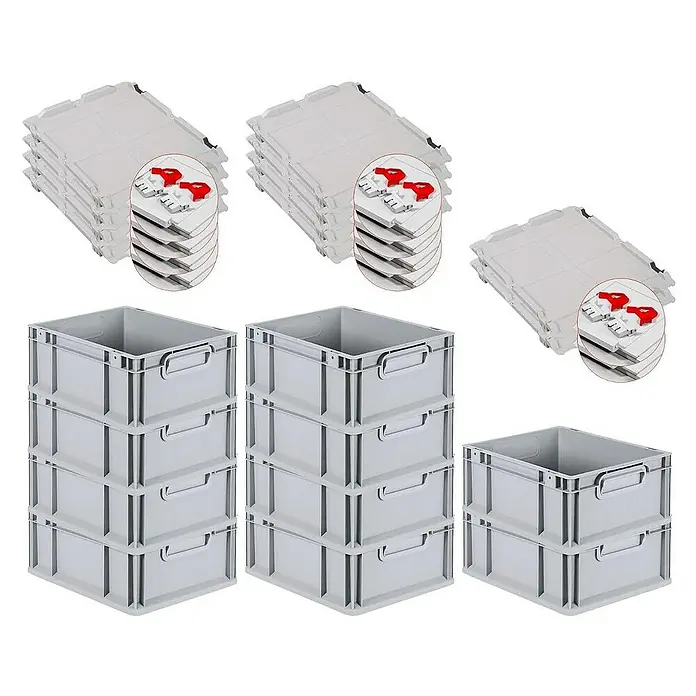 Proregal Euroboxen-Set 10x Eurobox NextGen Economy mit Scharnierdeckel und roten Verschlüssen - Kunststoff, Grau, 10 Stk. - Ein graues Kunststoffboxen-Set, inklusive Stapelboxen und passenden Deckeln. Ideal für Lagerung und Organisation.