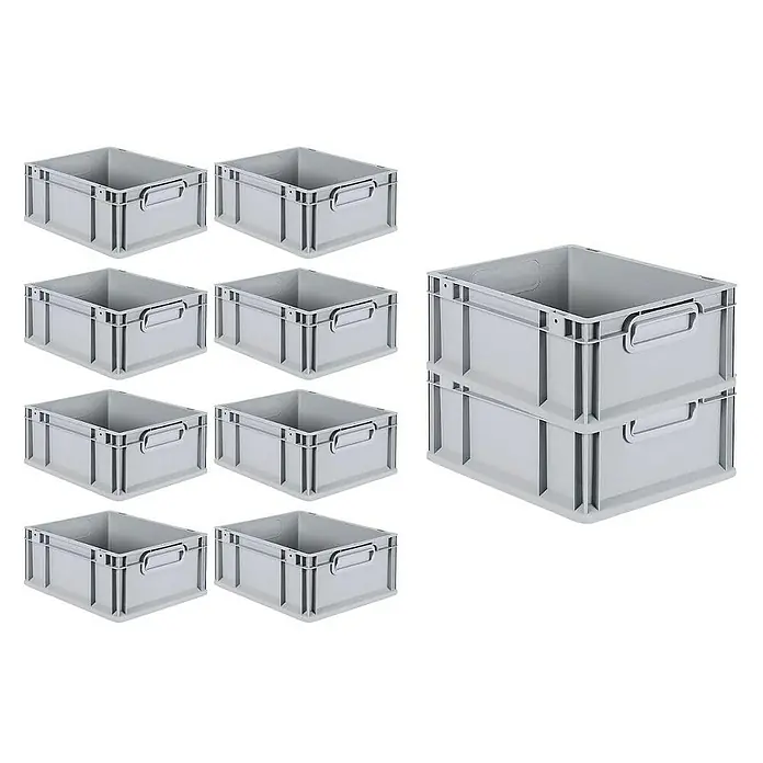 Proregal Euroboxen-Set 10x Eurobox NextGen Economy mit Scharnierdeckel und roten Verschlüssen - Kunststoff, Grau, 10 Stk. - Produktfoto: Neun einzelne graue Lagerboxen, dazu zwei gestapelte. Die robusten Boxen sind ideal für Lagerung und Organisation.