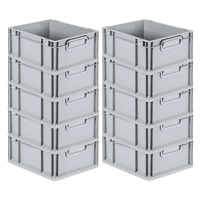 Proregal Euroboxen-Set 10x Eurobox NextGen Economy mit Scharnierdeckel und roten Verschlüssen - Kunststoff, Grau, 10 Stk. - Zwei Stapel grauer Kunststoffbehälter mit Griffen. Praktische Aufbewahrungslösung für Ordnung und Übersicht.