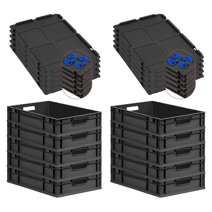 Proregal Euroboxen-Set 10x Eurobox NextGen Grip mit Auflagedeckel inkl. 4 blauen Verschlüssen - L x B x H: 60 x 40 x 12 cm, Kunststoff, Schwarz, 10 Stk. - Abgebildete sind stapelbare schwarze Aufbewahrungsboxen und passende Deckel, die Ordnung und Organisation ermöglichen.
