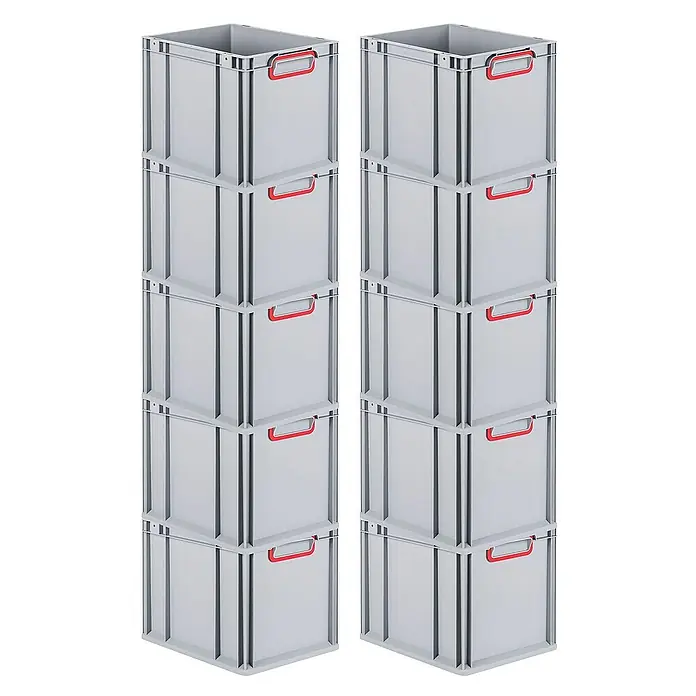 Proregal Euroboxen-Set 10x Eurobox NextGen Color - Kunststoff, Grau, Rot, 10 Stk. - Zwei Stapel grauer Lagerkisten mit roten Griffen, die sich ideal für Organisation und Lagerung eignen.