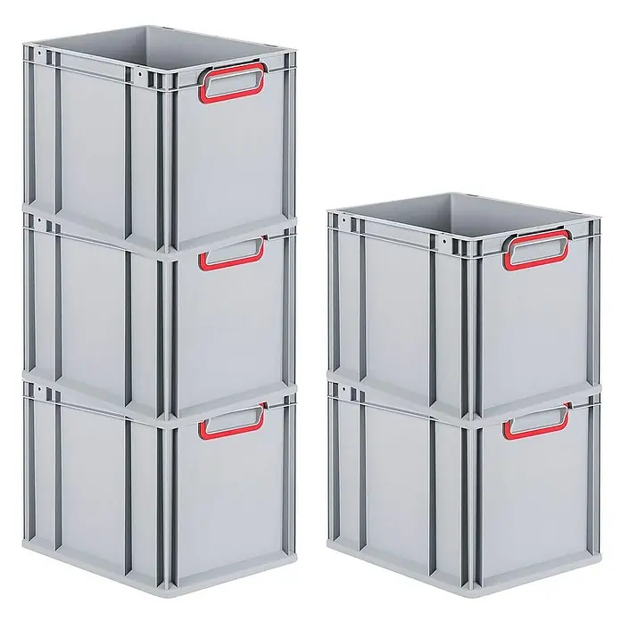 Proregal Euroboxen-Set 10x Eurobox NextGen Color - Kunststoff, Grau, Rot, 10 Stk. - Graue, stapelbare Kunststoffbehälter mit roten Griffen für Lagerung und Transport. Ideal für Ordnung und effizientes Stapeln.