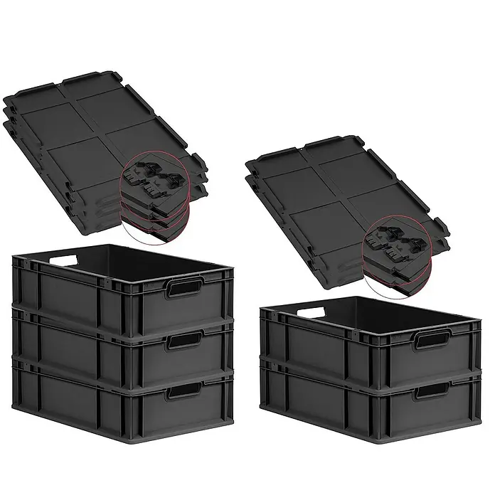Proregal Euroboxen-Set 5x Eurobox NextGen Grip mit Scharnierdeckel und schwarzen Verschlüssen - L x B x H: 60 x 40 x 17 cm, Kunststoff, Schwarz, 5 Stk. - Bild von schwarzen Kunststoffkisten und Deckeln. Die Boxen sind stapelbar und ideal für Lagerung und Organisation.