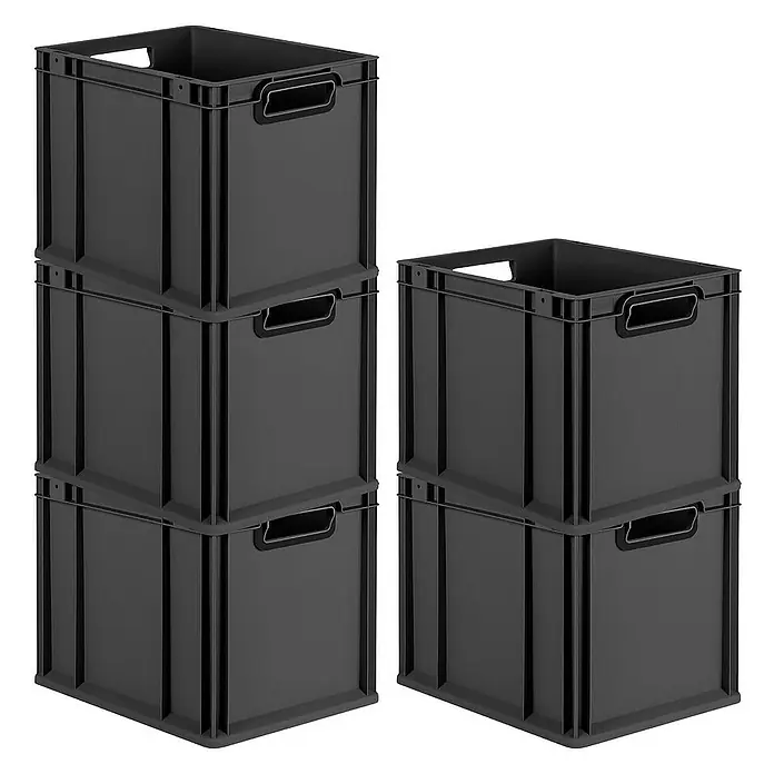 Proregal Euroboxen-Set 5x Eurobox NextGen Color - Kunststoff, Schwarz, Schwarz, 5 Stk. - Aufnahme von zwei Stapeln grauer Kunststoffkisten mit Griffen, die sich ideal für die Lagerung und Organisation eignen.