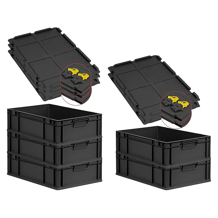 Proregal Euroboxen-Set 5x Eurobox NextGen Grip mit Scharnierdeckel und gelben Verschlüssen - L x B x H: 60 x 40 x 17 cm, Kunststoff, Schwarz, 5 Stk. - Abbildung von schwarzen Lagerboxen mit Deckeln und gelben Verschlüssen, die eine robuste und stapelbare Lösung für Lagerbedürfnisse bieten.