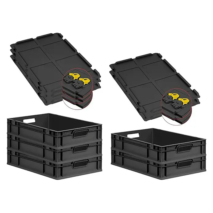 Proregal Euroboxen-Set 5x Eurobox NextGen Grip mit Scharnierdeckel und gelben Verschlüssen - L x B x H: 60 x 40 x 12 cm, Kunststoff, Schwarz, 5 Stk. - Stapelbare, schwarze Kunststoffbehälter mit Deckeln, ideal für Lagerung und Transport. Robuste Bauweise für vielfältige Anwendungen.