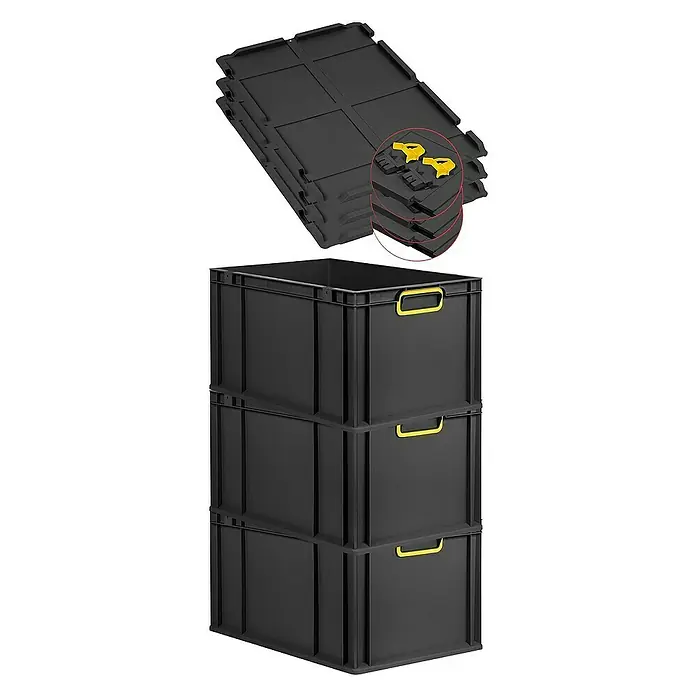 Proregal Euroboxen-Set 3x Eurobox NextGen Color mit Scharnierdeckel und Verschlüssen - L x B x H: 60 x 40 x 32 cm, Kunststoff, Schwarz, Gelb, 3 Stk. - Drei schwarze Lagerbehälter mit gelben Griffen, gestapelt, und flache, zerlegte Behälter mit gelben Verschlüssen darüber.