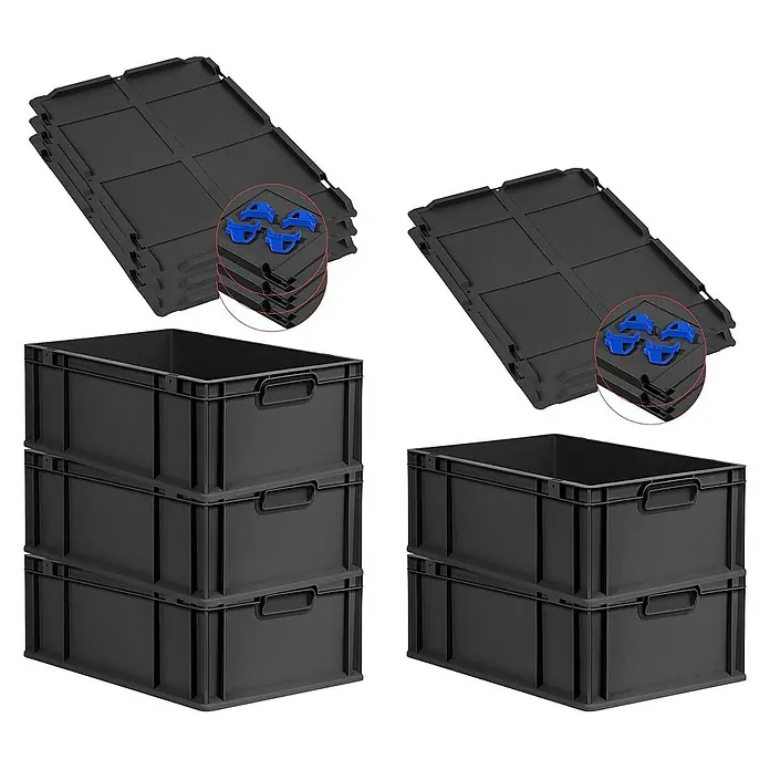 Proregal Euroboxen-Set 5x Eurobox NextGen Grip mit Auflagedeckel inkl. 4 blauen Verschlüssen - L x B x H: 60 x 40 x 22 cm, Kunststoff, Schwarz, 5 Stk. - Schwarze Eurobehälter mit Deckeln und blauen Klammern: Stapelbare Kunststoffbehälter für Industrie, Lagerung und Transport.