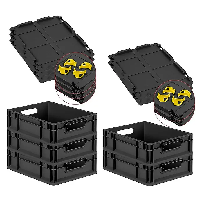 Proregal Euroboxen-Set 5x Eurobox NextGen Grip mit Scharnierdeckel und gelben Verschlüssen - L x B x H: 40 x 30 x 12 cm, Kunststoff, Schwarz, 5 Stk. - Das Bild zeigt schwarze, stapelbare Lagerbehälter und faltbare Kisten, ideal für die Organisation.