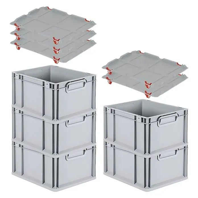 Proregal Euroboxen-Set 5x Eurobox NextGen Economy mit Auflagedeckel und 4x Verschlüsse Rot - L x B x H: 40 x 30 x 22 cm, Kunststoff, Grau, 5 Stk. - Bild von Kunststoffboxen und dazugehörigen Deckeln. Die Boxen sind grau und haben praktische Tragegriffe.