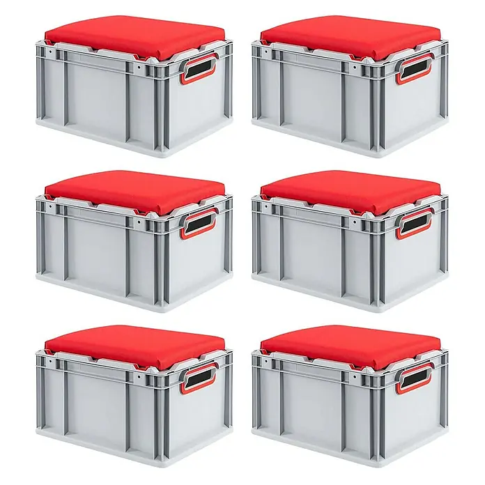 Proregal Euroboxen-Set 6x Eurobox NextGen Seat Box Rot - L x B x H: 40 x 30 x 26,5 cm, Kunststoff, Grau, Rot, 6 Stk. - Sechs graue Aufbewahrungsboxen mit roten Sitzkissen darauf, die Vielseitigkeit und Komfort vereinen. Ideal für Organisation und als Sitzgelegenheit.