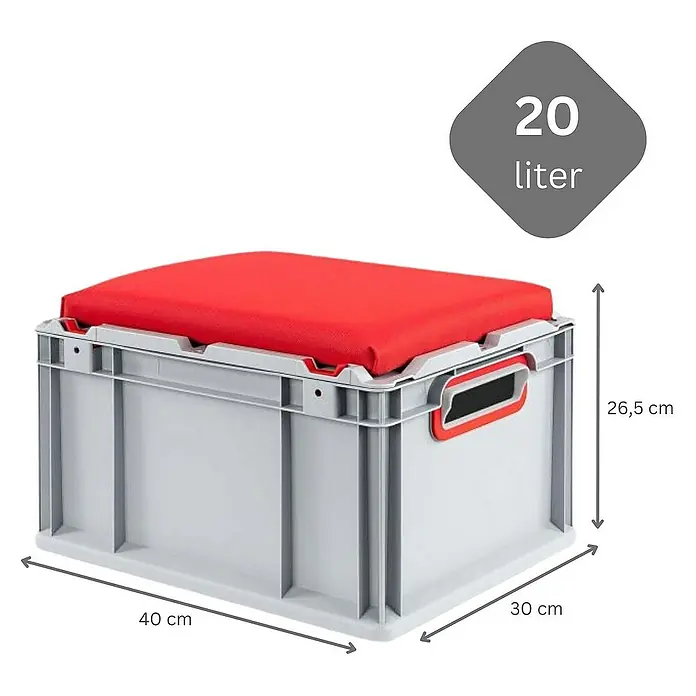 Proregal Euroboxen-Set 6x Eurobox NextGen Seat Box Rot - L x B x H: 40 x 30 x 26,5 cm, Kunststoff, Grau, Rot, 6 Stk. - Abbildung einer grauen 20-Liter-Aufbewahrungsbox mit rotem Kissen, die sich ideal zum Sitzen und Aufbewahren eignet.