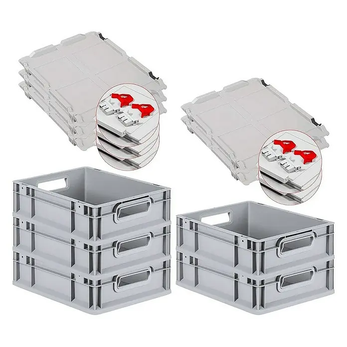 Proregal Euroboxen-Set 5x Eurobox NextGen Grip mit Scharnierdeckel und roten Verschlüssen - L x B x H: 40 x 30 x 12 cm, Kunststoff, Grau, 5 Stk. - Graue Eurobehälter mit passenden Deckeln für eine effiziente Lagerung und einen sicheren Transport von Waren.