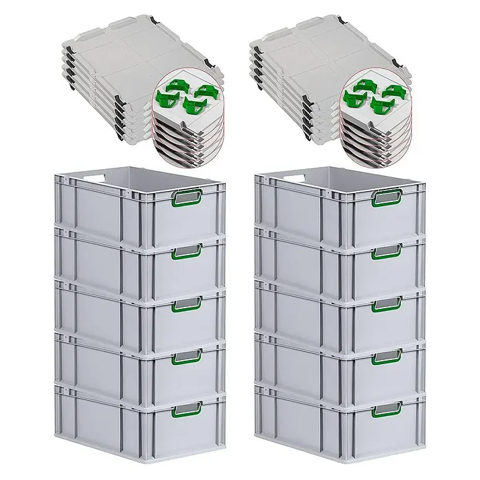 SparSet 10x Eurobox NextGen Color mit Auflagedeckel und Schiebeschnappverschlüsse | HxBxT 22x40x60cm | 44 Liter | Grau | Griffe grün offen | Verstärkter Boden | Eurobehälter, Transportbox, Transportbehälter, Stapelbehälter -  - Stapelbare Kunststoffboxen mit Deckeln und grünen Griffen, ideal für Lagerung und Organisation.