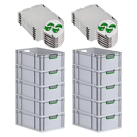 SparSet 10x Eurobox NextGen Color mit Auflagedeckel und Schiebeschnappverschlüsse | HxBxT 22x40x60cm | 44 Liter | Grau | Griffe grün offen | Verstärkter Boden | Eurobehälter, Transportbox, Transportbehälter, Stapelbehälter