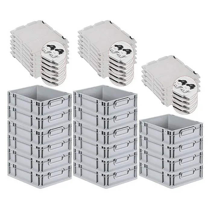 Proregal Euroboxen-Set 16x Eurobox NextGen Grip mit Scharnierdeckel und schwarzen Verschlüssen - L x B x H: 40 x 30 x 12 cm, Kunststoff, Grau, 16 Stk. - Das Bild zeigt graue Lagerboxen und Deckel. Die robusten Behälter sind stapelbar und ideal für die Organisation im Lager.