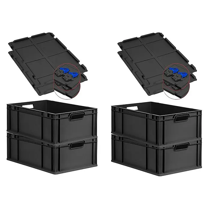 Proregal Euroboxen-Set 4x Eurobox NextGen Grip mit Scharnierdeckel und blauen Verschlüssen - L x B x H: 60 x 40 x 22 cm, Kunststoff, Schwarz, 4 Stk. - Zwei Stapelboxen aus schwarzem Kunststoff mit Deckeln, ideal für Lagerung und Transport.