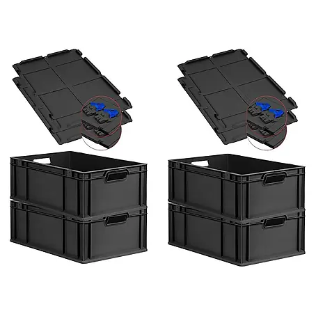 SuperSparSet 4x Eurobox NextGen Grip mit Scharnierdeckel und blauen Schiebeschnappverschlüssen | HxBxT 22x40x60cm | 44 Liter | Schwarz | Griffe offen | Verstärkter Boden | Eurobehälter, Transportbox, Transportbehälter, Stapelbehälter