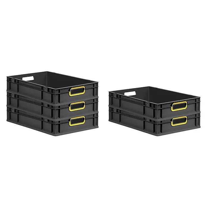 Proregal Euroboxen-Set 10x Eurobox NextGen Color - L x B x H: 60 x 40 x 12 cm, Kunststoff, Schwarz, Gelb, 10 Stk. - Drei graue Kunststoffboxen sind gestapelt, daneben zwei. Die Kästen haben gelbe Griffe und sind ideal für Lagerung und Transport.