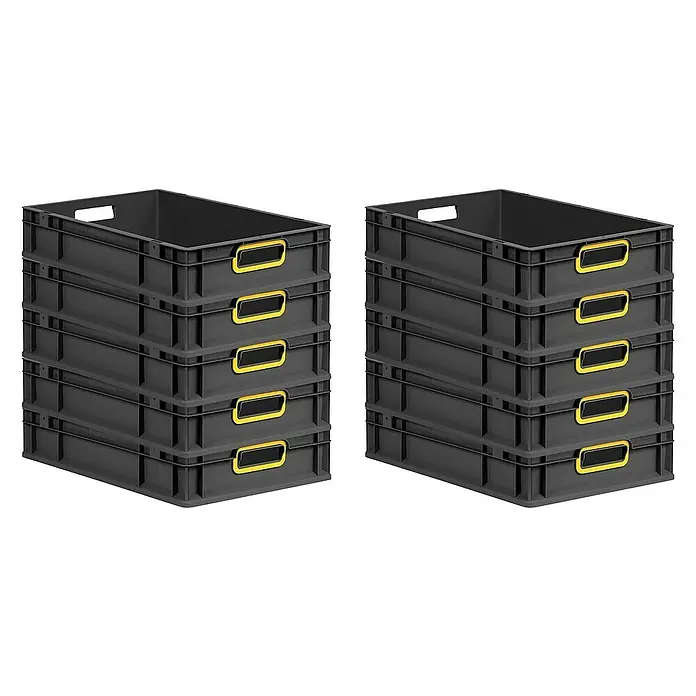 Proregal Euroboxen-Set 10x Eurobox NextGen Color - L x B x H: 60 x 40 x 12 cm, Kunststoff, Schwarz, Gelb, 10 Stk. - Zwei Stapel grauer Kunststoffkisten mit gelben Griffen sind in diesem Produktbild zu sehen. Die Kisten sind stabil und praktisch.