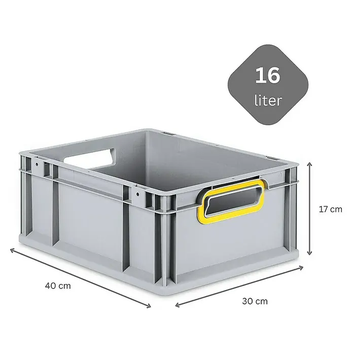 Proregal Euroboxen-Set 10x Eurobox NextGen Color mit Scharnierdeckel und Verschlüssen - L x B x H: 40 x 30 x 17 cm, Kunststoff, Grau, Gelb, 10 Stk. - Graue Kunststoffbox mit gelben Griffen und Größenangaben. Perfekt zur Aufbewahrung und Organisation verschiedener Gegenstände.