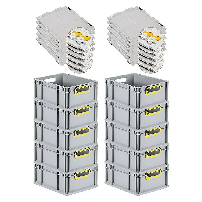 Proregal Euroboxen-Set 10x Eurobox NextGen Color mit Scharnierdeckel und Verschlüssen - L x B x H: 40 x 30 x 17 cm, Kunststoff, Grau, Gelb, 10 Stk. - Graue Aufbewahrungsboxen mit gelben Griffen und Deckel zum Stapeln. Ideal für Organisation und Lagerung von Gegenständen im Haushalt oder Büro.
