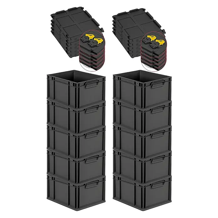 Proregal Euroboxen-Set 10x Eurobox NextGen Grip mit Scharnierdeckel und gelben Verschlüssen - L x B x H: 40 x 30 x 22 cm, Kunststoff, Schwarz, 10 Stk. - Bild von stapelbaren, grauen Kunststoffboxen und Deckeln, die praktische Aufbewahrungslösungen für verschiedene Bedürfnisse bieten.