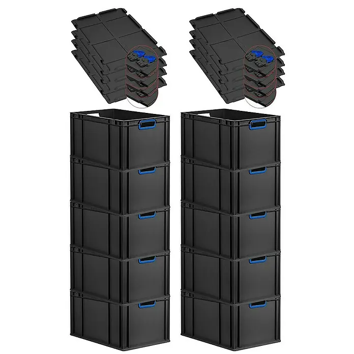 Proregal Euroboxen-Set 10x Eurobox NextGen Color mit Scharnierdeckel und Verschlüssen - L x B x H: 60 x 40 x 32 cm, Kunststoff, Schwarz, Blau, 10 Stk. - Schwarze Lagerkisten und Deckel, ideal für Ordnung und Aufbewahrung. Praktisches Set für Lagerung und Transport von Gegenständen.