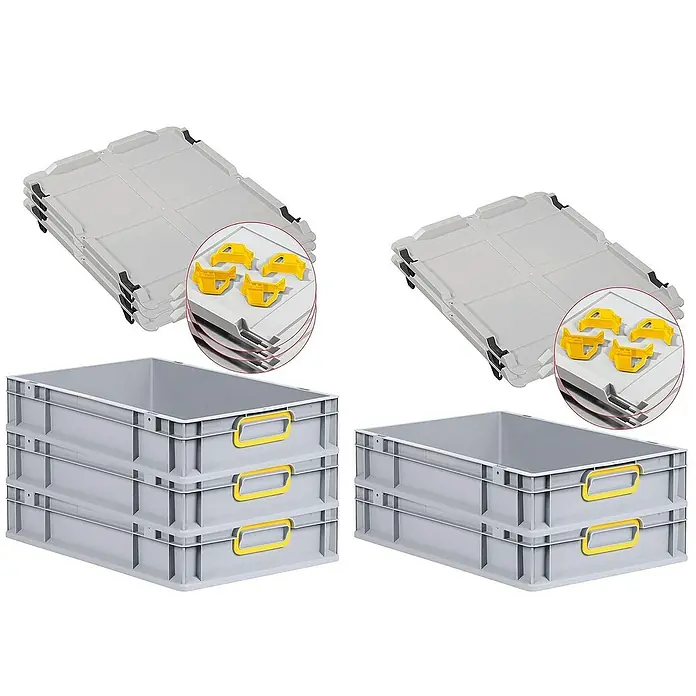 Proregal Euroboxen-Set 5x Eurobox NextGen Color mit Auflagedeckel und Schiebeschnappverschlüsse - L x B x H: 60 x 40 x 12 cm, Kunststoff, Grau, Gelb, 5 Stk. - Bild von grauen Eurobehältern mit gelben Griffen und passenden Deckeln, ideal für Lagerung und Transport.