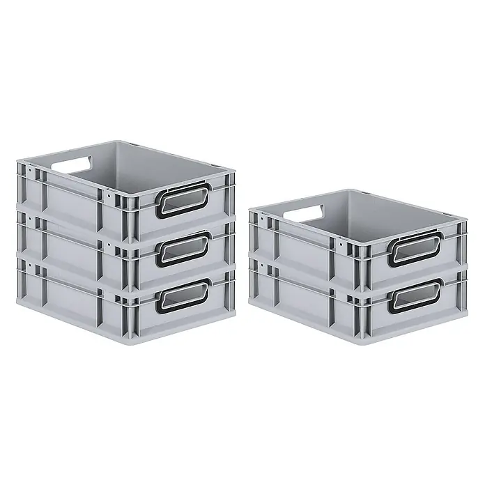 SparSet 5x Eurobox NextGen Color | HxBxT 12x30x40cm | 11 Liter | Griffe schwarz offen | Glatter Boden | Grau | Eurobehälter, Transportbox, Transportbehälter, Stapelbehälter -  - Eine Nahaufnahme von grauen Lagerkisten aus Kunststoff, die gestapelt sind, und sich ideal zur Organisation und Aufbewahrung eignen.