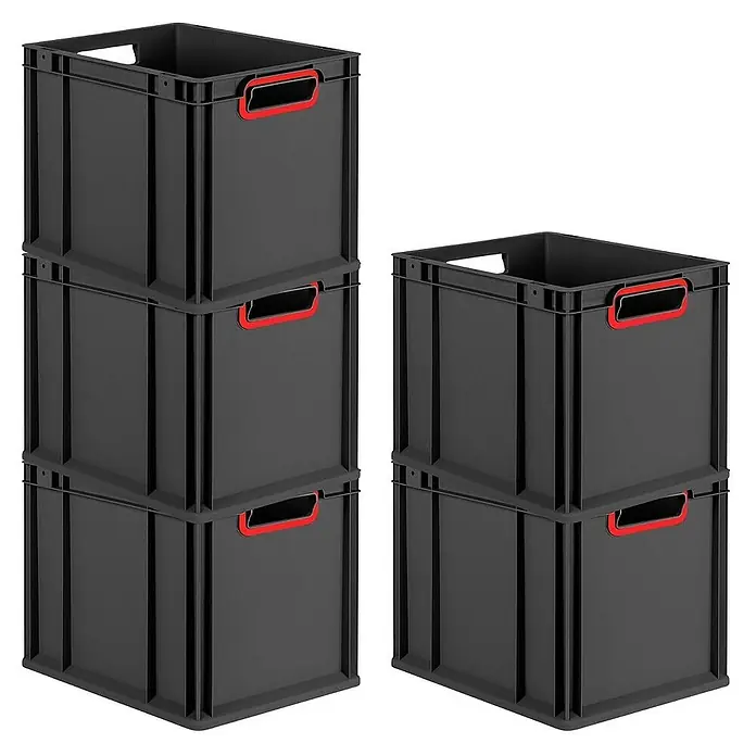Proregal Euroboxen-Set 4x Eurobox NextGen Color - Kunststoff, Schwarz, Rot, 4 Stk. - Stapel von schwarzen Lagerkisten mit roten Griffen. Die robusten Boxen sind ideal für Lagerung und Transport von Gegenständen im Haushalt oder Gewerbe.