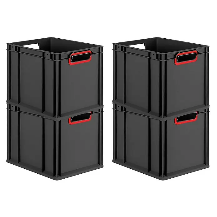 Proregal Euroboxen-Set 4x Eurobox NextGen Color - Kunststoff, Schwarz, Rot, 4 Stk. - Zwei Stapel grauer Kunststoffboxen mit roten Griffen, ideal für Lagerung und Transport.