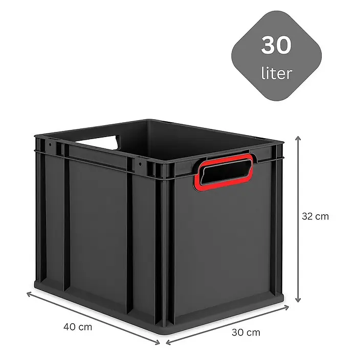 Proregal Euroboxen-Set 4x Eurobox NextGen Color - Kunststoff, Schwarz, Rot, 4 Stk. - Abgebildete ist eine schwarze 30-Liter-Stapelbox aus Kunststoff mit roten Griffen und den Maßen 40 x 30 x 32 cm.