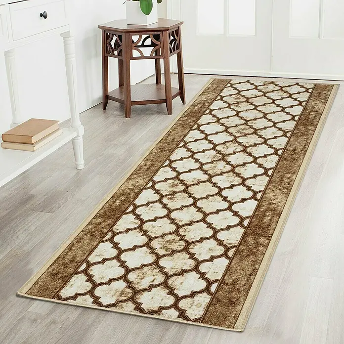 Teppichläufer Waterford - Braun, 100 x 80 cm, 100 % Polyamid - Ein stilvoller Läuferteppich in Beige und Braun mit einem dekorativen Muster, der jedem Raum Wärme und Eleganz verleiht.
