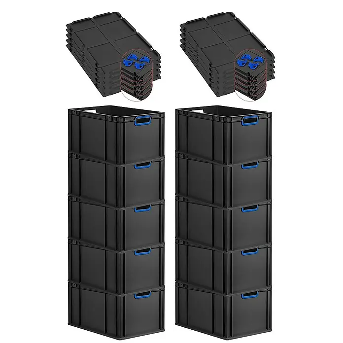 Proregal Euroboxen-Set 10x Eurobox NextGen Color mit Auflagedeckel und Schiebeschnappverschlüsse - L x B x H: 60 x 40 x 32 cm, Kunststoff, Schwarz, Blau, 10 Stk. - Schwarze Stapelboxen mit blauen Griffen und Deckeln. Ideal für die Lagerung, robust und platzsparend.