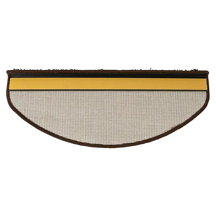 Stufenmatte Shaggy - 65 x 23,5 cm, Dunkelbraun, Halbrund - Halbkreisförmige Teppichstufe mit brauner Umrandung, gelbem Klebestreifen und gewebter Textur für sicheren Halt und stilvolles Aussehen.