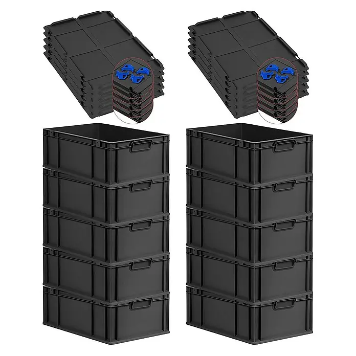 Proregal Euroboxen-Set 10x Eurobox NextGen Grip mit Auflagedeckel inkl. 4 blauen Verschlüssen - L x B x H: 60 x 40 x 22 cm, Kunststoff, Schwarz, 10 Stk. - Stapel von schwarzen Kunststoffboxen und zugehörigen Deckeln, ideal für Lagerung und Organisation.